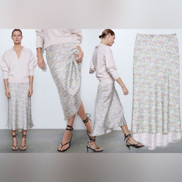 Zara women's large cream floral satin midi hi-low a-line skirt - Picture 1 of 9